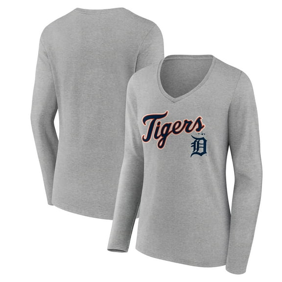 Women's Gray Detroit Tigers Team Lockup Long Sleeve V-Neck T-Shirt