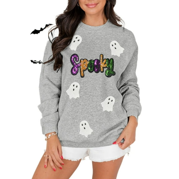 Women's Gray Halloween Ghost Sequin Patched Sweatshirt - Fun and Festive Casual Wear | [ZhiHiMeRi] | S