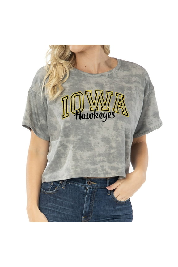 Women's Gray Iowa Hawkeyes Kimberly Tie-Dye Tri-Blend Cropped T-Shirt