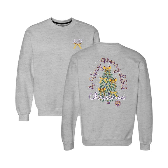 Women's Heather Gray LSU Tigers Classic Merry Christmas Tree Crewneck Sweatshirt