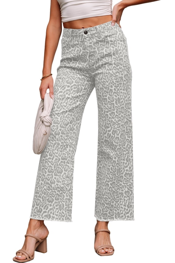 Women's Gray Leopard Frayed Edge Wide Leg Jeans – Stylish High Waist Denim for Daily Wear, 16