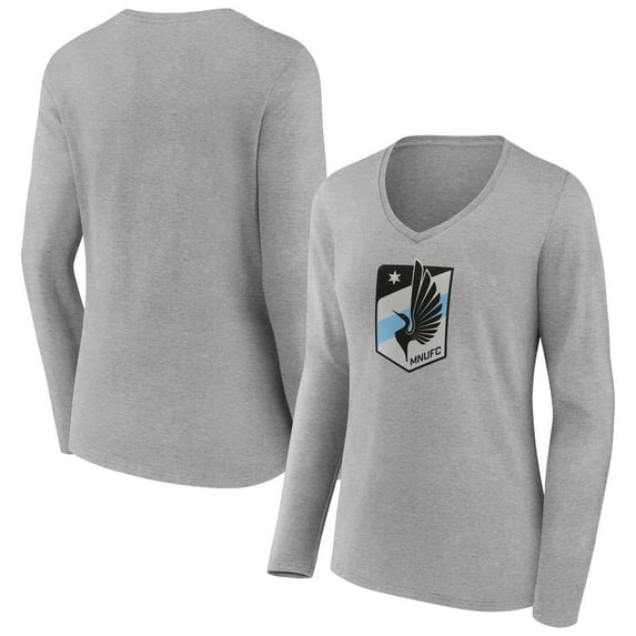 Women's Gray Minnesota United FC Official Logo Long Sleeve V-Neck T-Shirt