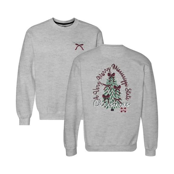 Women's Heather Gray Mississippi State Bulldogs Classic Merry Christmas Tree Crewneck Sweatshirt