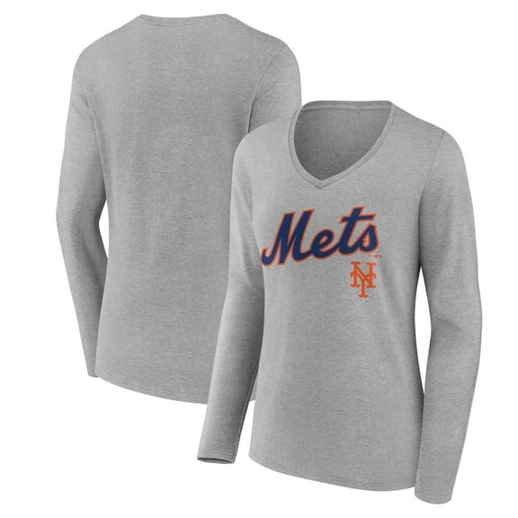 Women's Gray New York Mets Team Lockup Long Sleeve V-Neck T-Shirt