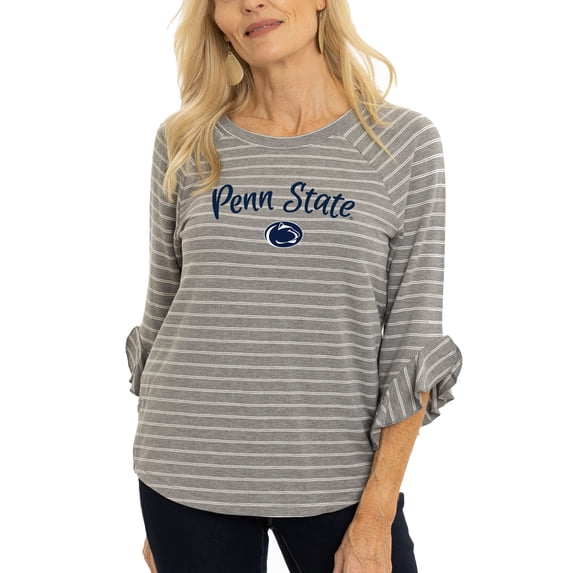Women's Gray Penn State Nittany Lions Renatta Striped Ruffle 3/4-Sleeve T-Shirt