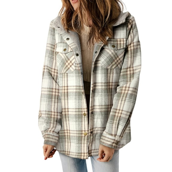 Women's Gray Plaid Pattern Sherpa Lined Hooded Shacket - [ZhiHiMeRi] | (US 4-6)S