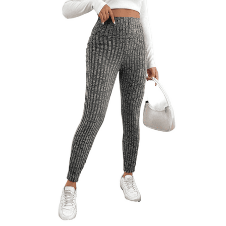 Women's Gray Ribbed Textured Knit Leggings with Wide Waistband - [ZhiHiMeRi] | (US 16-18)XL,Gray