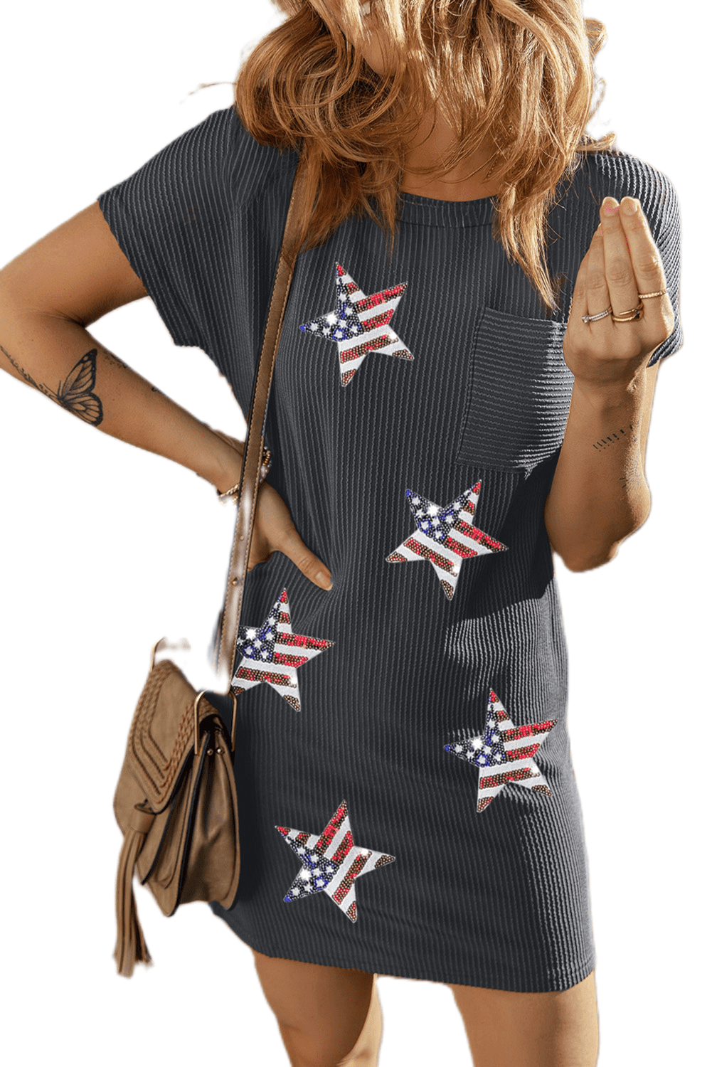 Women's Gray Sequin Flag Stars Ribbed Shift T-Shirt Dress