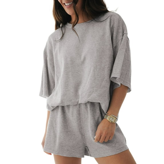Women's Gray Solid Color 2-Piece Shorts Set - Casual Loose Tee and High Waist Shorts - [ZhiHiMeRi] | (US 12-14)L
