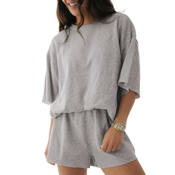 Women's Gray Solid Color 2-Piece Shorts Set - Casual Loose Tee and High Waist Shorts - [ZhiHiMeRi] | (US 12-14)L
