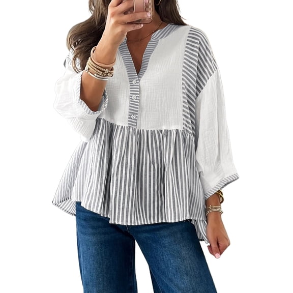 Women's Gray Stripe Babydoll Blouse – Casual Bracelet Sleeve V-Neck Top for Daily Wear | XL