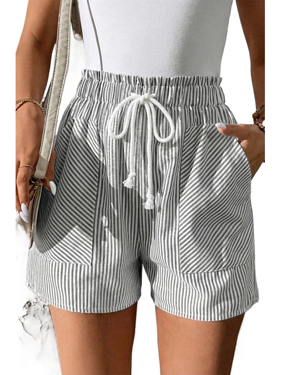 Women's Gray Striped Shorts – High Waist Casual Drawstring Summer Shorts with Pockets, XL