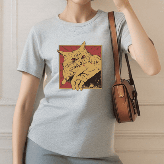 Women's Gray T-Shirt Retro Cat "Angry Cat Biting Hand" Graphic Design Casual Tees S-3XL