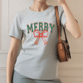 thumbnail image 1 of Women's Gray Tshirt Graphic Tees Shirts Merry Christmas Red Bow Classic Design Casual Tops S-3XL, 1 of 5