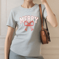 thumbnail image 1 of Women's Gray Tshirt Graphic Tees Shirts Merry Christmas Red Bow Varsity Design Casual Tops S-3XL, 1 of 5