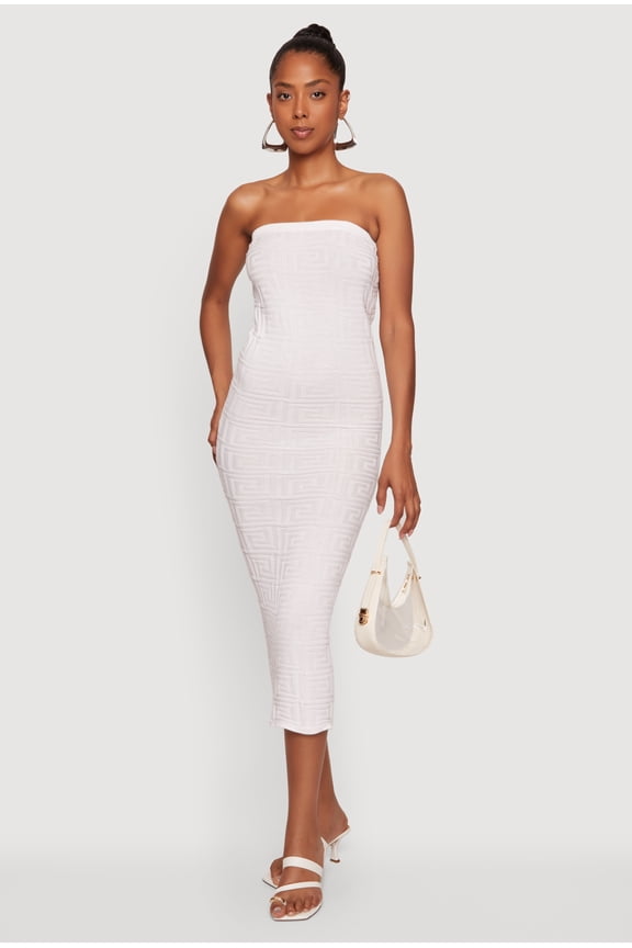 Women's Greek Key Knit Strapless Midi Dress