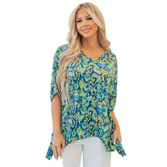 Women's Green Abstract Print V Neck Half Sleeve Tunic Blouse - Bohemian Style | [ZhiHiMeRi] | (US 12-14)L