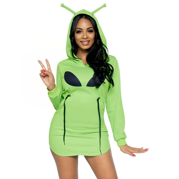 Leg Avenue Women's Casual Halloween Ghost Alien Fleece Hoodie Dress, Green,