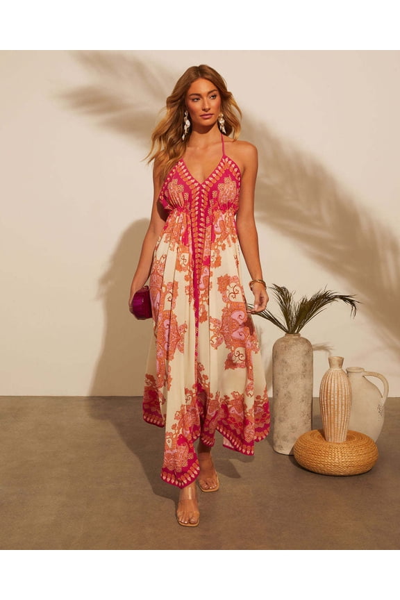 Women's Green Bandana Print Halter Maxi Dress Deep V Neck Tie Front Boho High Waist Flowy Casual Vacation Long Dress