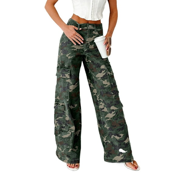 Women's Green Camo Denim Cargo Wide Leg Pants – Casual Comfort for Everyday Style | 16