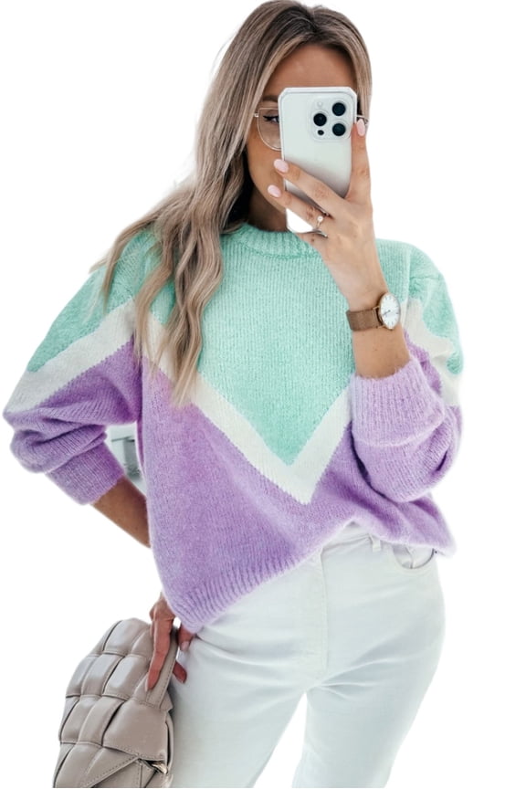 Women's Green Chevron Colorblock Ribbed Knit Sweater