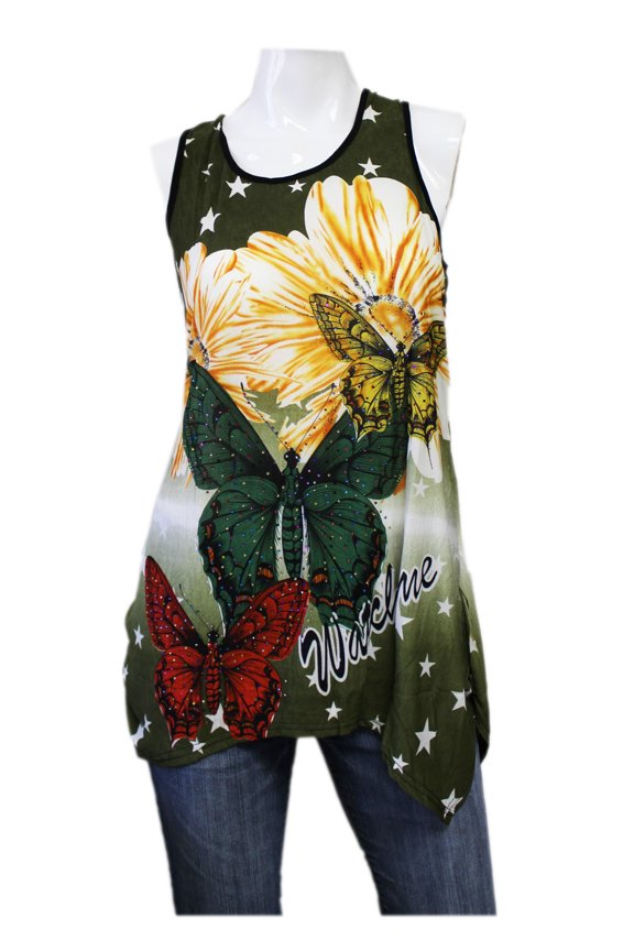 Women's Green Fade Sleeveless Top With Multi-Colored Butterflies Shirt (M/L)