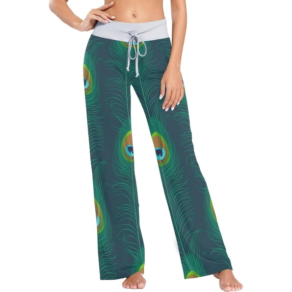 Women's Green Feather Pajama Pants, Casual Pajama Bottoms Drawstring Lounge Pants Wide Leg