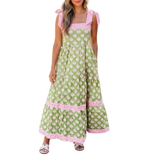 Women's Green Floral Maxi Dress – Sleeveless Patchwork A-Line Dress with Striped Knot Straps, S