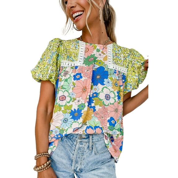 Trendy Green Floral Blouse with Bubble Sleeves and Lace Details, (US 12-14)L