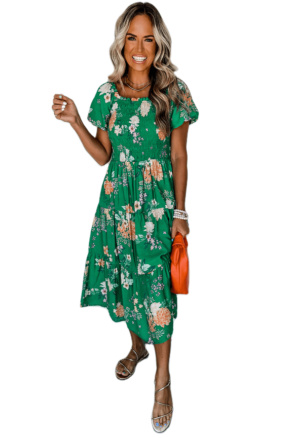 Women's Green Floral Print Bubble Sleeve Smocked Midi Dress