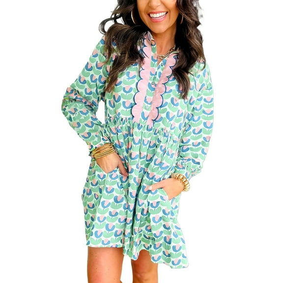 Women's Green Floral Print Notched Neck Scalloped Detail Long Sleeve Mini Dress - [ZhiHiMeRi] | L