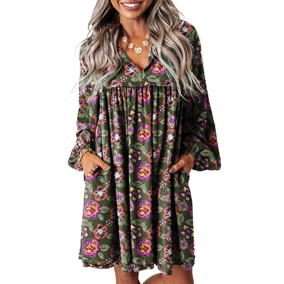 Women's Green Floral Print Split Neck Bubble Sleeve Shift Mini Dress | [ZhiHiMeRi] | L