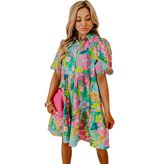 Women's Green Floral Puff Sleeve Collar Buttoned Babydoll Dress