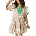 thumbnail image 1 of Women's Green Floral Puff Sleeve Dress with Contrast Neckline – A-Line Summer Style, M, 1 of 6