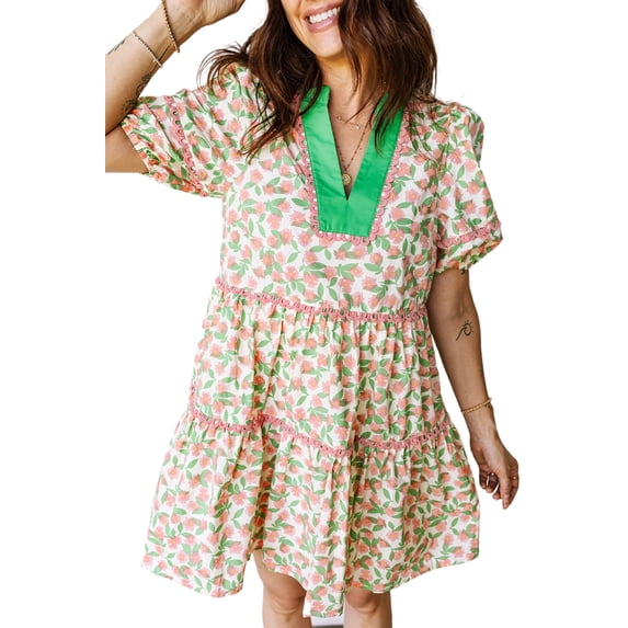 Women's Green Floral Puff Sleeve Dress with Contrast Neckline – A-Line Summer Style, XL