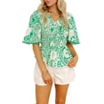 thumbnail image 1 of Women's Green Floral Smocked V-Neck Blouse – Casual Short Sleeve Summer Shift Top, XL, 1 of 12