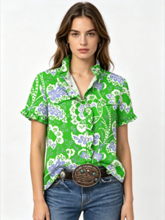 Green Floral Western Ruffle Snap, Short Sleeve, V-Neck Blouse (Women's)