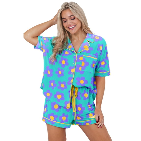 Women's Green Flower Print Short Sleeve Shirt Pajamas Set