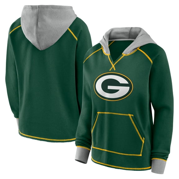 Women's Logo Athletic Green Green Bay Packers Boom Fleece Pullover V-Neck Hoodie