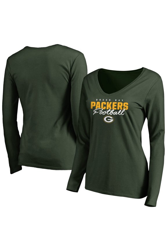 Women's Green Green Bay Packers Iconic Collection Script Assist Long Sleeve V-Neck T-Shirt