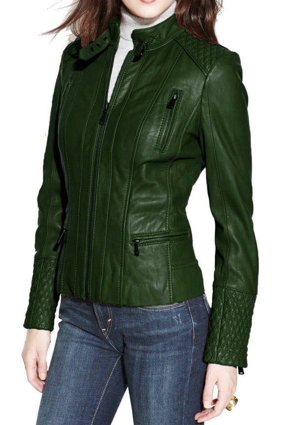 Women's Green Leather Real Lambskin Style Slim FitJacket
