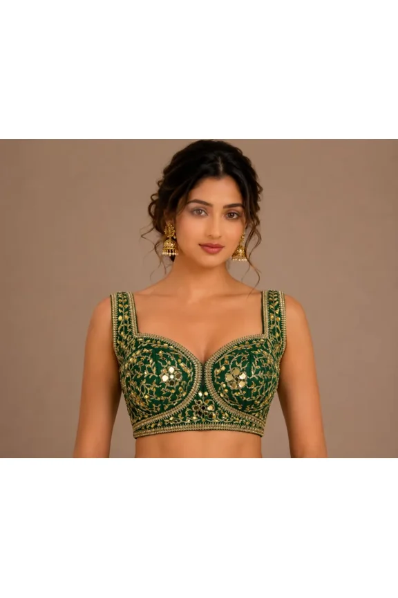 Women's Green Mirror Work Embroidered Silk Saree Blouse Traditional Indian Bridal Blouse