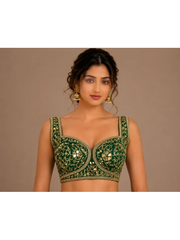 Women's Green Mirror Work Embroidered Silk Saree Blouse Traditional Indian Bridal Blouse