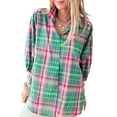 thumbnail image 1 of Women's Green Plaid 3/4 Sleeve Collared Loose Fit Shirt | [ZhiHiMeRi] | (US 16-18)XL, 1 of 10