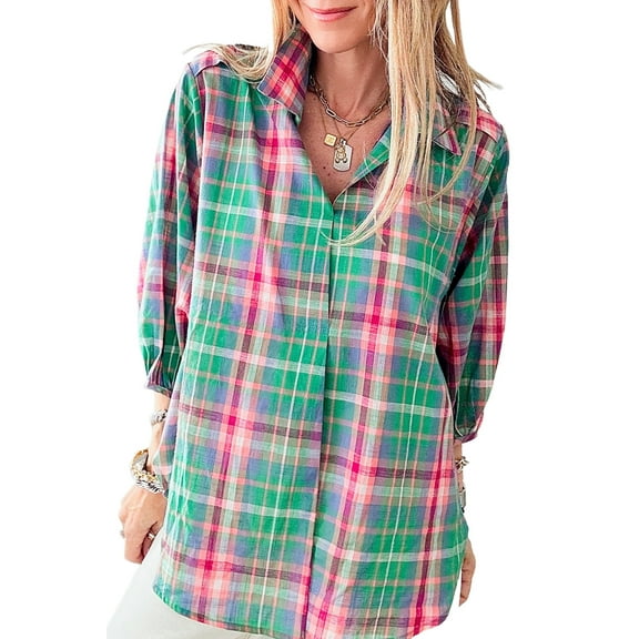Women's Green Plaid 3/4 Sleeve Collared Loose Fit Shirt | [ZhiHiMeRi] | (US 16-18)XL