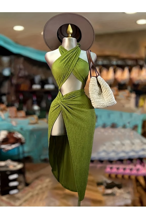 Women's Green Ribbed Knit Halter Maxi Dress with Cutout Waist & High Slit Stretch Form-Fitting Dress