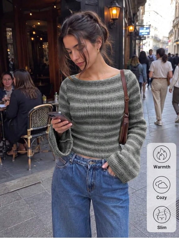 Women's Green Ribbed Knit Top, Striped Shoulder Long Bell Sleeve Shirt, Stretchy Casual Pullover Top for Spring Fall and Winter