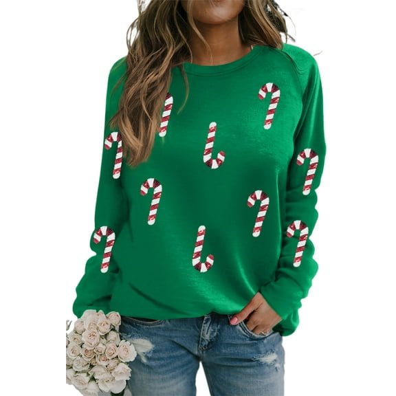 Women's Green Sequin Christmas Candy Cane Graphic Crewneck Pullover Sweatshirt, (US 20-22)2XL