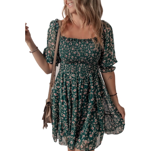 Women's Green Smocked Square Neck Puff Short Sleeve Floral Mini Dress | [ZhiHiMeRi] | (US 12-14)L