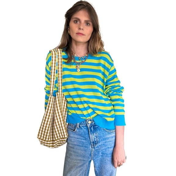 Women's Green Stripe Crew Neck Drop Shoulder Casual Sweater | [ZhiHiMeRi] | (US 12-14)L